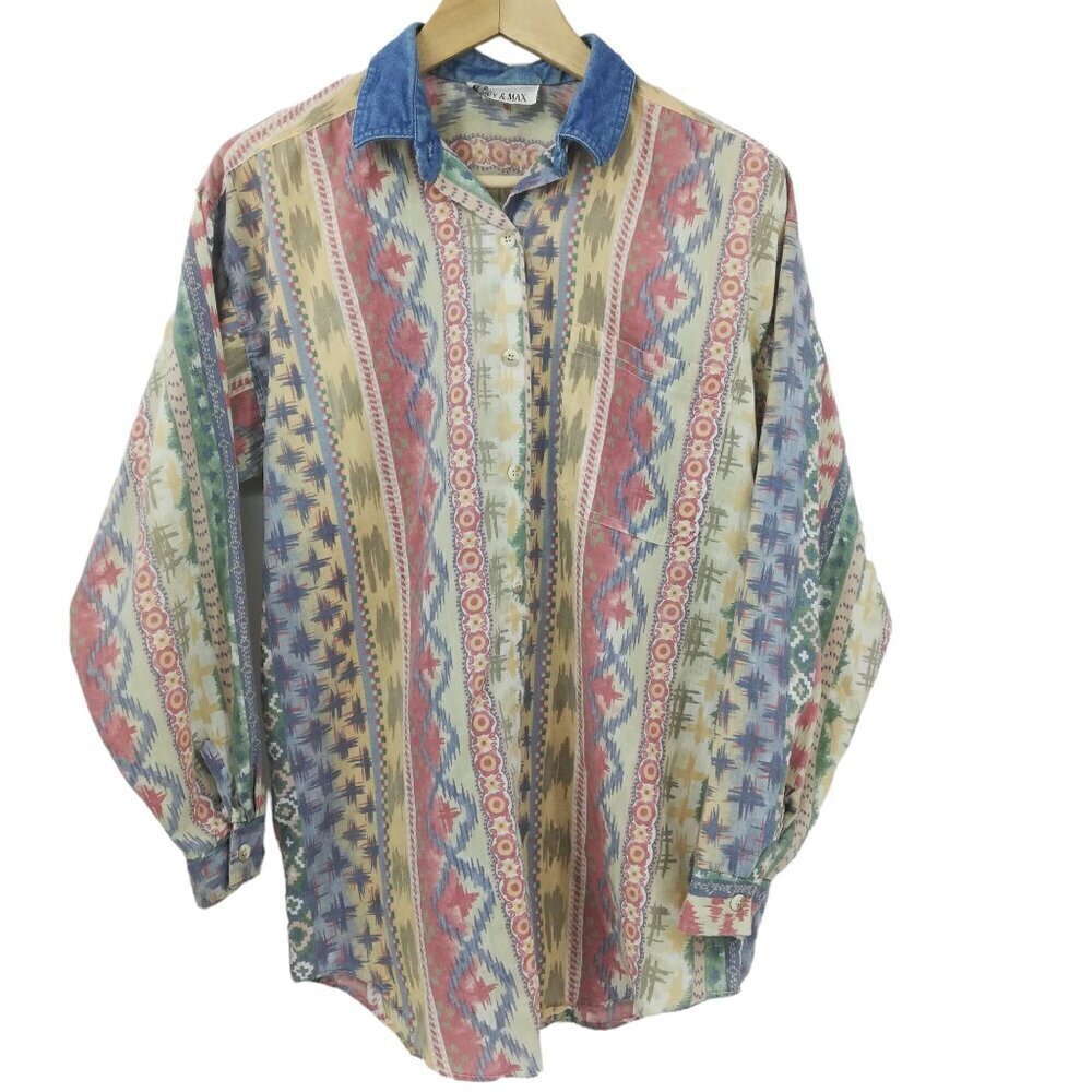Vintage Casey & Max Southwest Long Sleeve Button Up Shirt Size M Western Denim